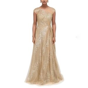 NWT Rene Ruiz Collection Gold Illusion Cap Sleeve Glitter Gown Dress Size 8